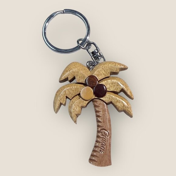 Palm Tree Keychain Keyring Engraved "Guam" Souvenir Wooden Tropical Design - Picture 1 of 4